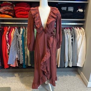 Never a Wallflower rust long sleeve v ruffled neck long wrap dress size XS NWT